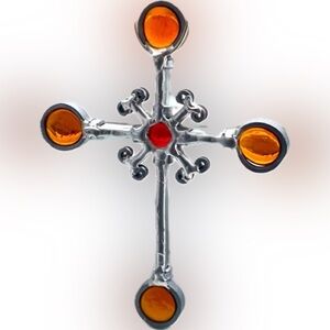 Metal Amber Glass Handmade Metalworks Cross Sun Catcher